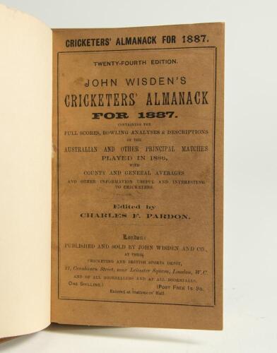 Wisden Cricketers&rsquo; Almanack 1887. 24th edition. Bound in brown boards, with original paper wrappers, gilt titles to front board and spine. Very good condition.