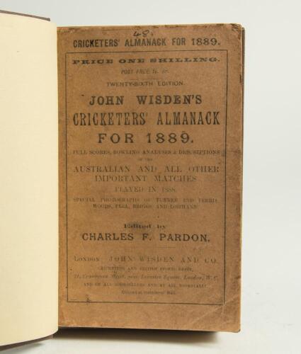 Wisden Cricketers&rsquo; Almanack 1889. 26th edition. Bound in dark brown boards, with original paper wrappers, gilt titles to front board and spine. Some wear and age toning to wrappers, odd further minor faults otherwise in good condition.