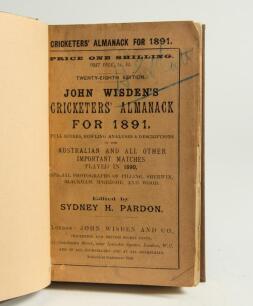 Wisden Cricketers&rsquo; Almanack 1891. 28th edition. Bound in dark brown boards, with original paper wrappers, gilt titles to front board and spine. Some wear with small loss to wrapper extremities name handwritten to top right hand corner area of front wrappe