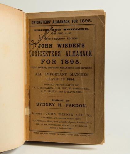 Wisden Cricketers&rsquo; Almanack 1895. 32nd edition. Original paper wrappers, bound in brown boards, similar to original Wisden hardback edition bindings, with gilt titles to front board and spine. Dulling to gilt titles on the spine paper, the top borders of 