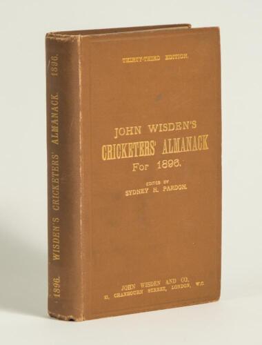Wisden Cricketers&rsquo; Almanack 1896. 33rd edition. Original hardback. Minor wear to board extremities, very minor mark to front and rear board, odd foxing spot internally, slight dulling to gilt titles on the spine paper otherwise in good to very good condit