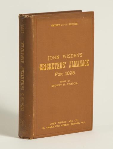 Wisden Cricketers&rsquo; Almanack 1898. 35th edition. Original hardback. Some dulling to the gilt titles on the spine paper, minor foxing spots to the page block, otherwise in very good to excellent condition with bright gilt titles to front board and spine pap