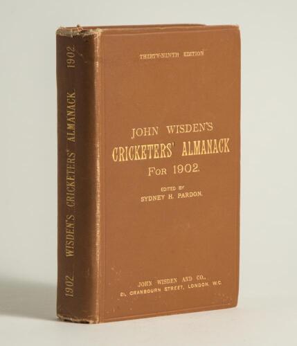 Wisden Cricketers&rsquo; Almanack 1902. 39th edition. Original hardback. Wear with small loss to the head of the spine paper, further odd minor faults otherwise in good+ condition. A rare early hardback edition