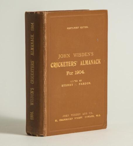 Wisden Cricketers&rsquo; Almanack 1904. 41st edition. Original hardback. Bump to the bottom corner of the front board, minor wear to board extremities, minor ink marks to rear board otherwise in good/very good condition