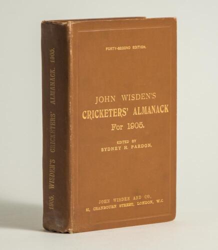 Wisden Cricketers&rsquo; Almanack 1905. 42nd edition. Original hardback. Some minor wear to board and spine extremities, slight dulling to the gilt titles otherwise in good/very good condition