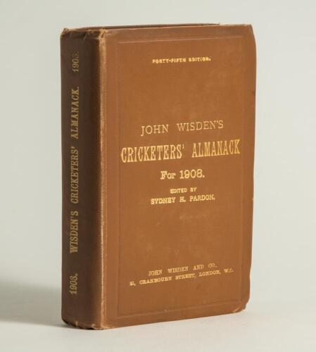 Wisden Cricketers&rsquo; Almanack 1908. 45th edition. Original hardback. Some bumping to board corners, light wear to board extremities, ink signature to top border of the inside front board otherwise in good/very good condition with bright gilt titles