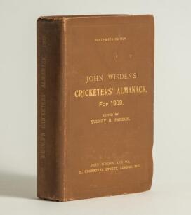 Wisden Cricketers&rsquo; Almanack 1909. 46th edition. Original hardback. Some bumping to front board edge, light wear to boards and spine paper, dulling to the gilt titles on the spine paper, small ink signature to the top corner of the yellow title page otherw