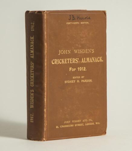Wisden Cricketers&rsquo; Almanack 1912. 49th edition. Original hardback. Some wear to board extremities and spine paper, ink handwritten name to the top border of the front board and the top border of the yellow title page, some surface bumping to the boards on