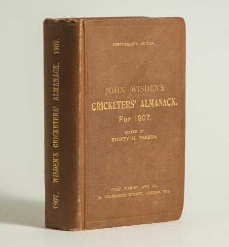 Wisden Cricketers&rsquo; Almanack 1907. 44th edition. Original hardback. Light wear to boards and board extremities, minor bumping to corners, some soiling to page block edge, &lsquo;Boys Library&rsquo; label to inside front board otherwise in good condition