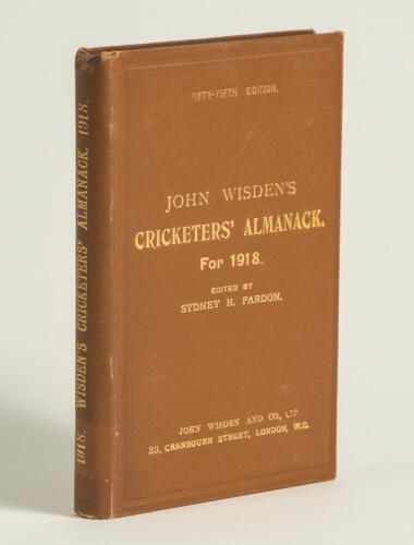 Wisden Cricketers&rsquo; Almanack 1918. 55th edition. Original hardback. Excellent condition throughout. A rare wartime hardback edition with gilt titles to front board and spine very bright. Not often seen in such wonderful condition. Ink library stamp for the
