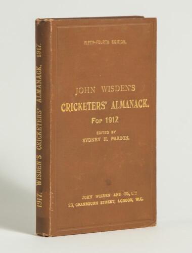 Wisden Cricketers&rsquo; Almanack 1917. 54th edition. Original hardback. Excellent condition throughout with the exception of an old ink stain to the rear board. A rare wartime hardback edition with gilt titles to front board and spine very bright. Not often se
