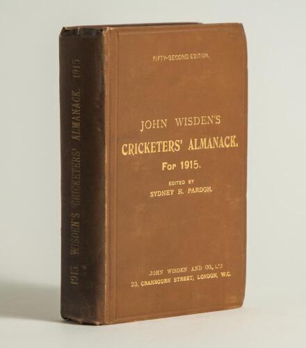 Wisden Cricketers&rsquo; Almanack 1915. 52nd edition. Original hardback. Some bumping to corners, dulling to gilt titles on the spine paper, some darkening to spine paper otherwise in good/very good condition