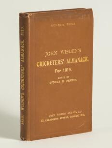Wisden Cricketers&rsquo; Almanack 1919. 56th edition. Original hardback. Very good to excellent condition throughout. A rare wartime hardback edition with gilt titles to front board and spine very bright. Not often seen in such wonderful condition. Ink library 