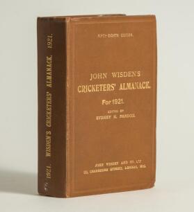 Wisden Cricketers&rsquo; Almanack 1921. 58th edition. Original hardback. Some soiling and handwritten inscription to page block &lsquo;confined to library&rsquo;, some bumping to corners otherwise in very good condition. Presentation inscription to top of the yellow title 