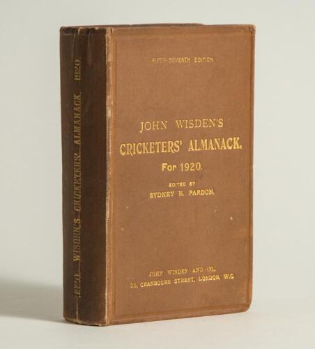 Wisden Cricketers&rsquo; Almanack 1920. 57th edition. Original hardback. Some wear to boards, board extremities and corners, vertical creasing to the spine paper otherwise in good condition