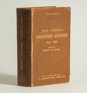 Wisden Cricketers&rsquo; Almanack 1923. 60th edition. Original hardback. Some wear to boards and board extremities, light stain and marks to front board, some wear to front internal hinge, some dulling to the gilt titles on the spine paper otherwise in good con