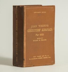 Wisden Cricketers&rsquo; Almanack 1922. 59th edition. Original hardback. Some wear to board extremities, wear and vertical crease to spine paper, split to approximately one inch of the top of the internal hinge, some dulling to the gilt titles on the spine pape