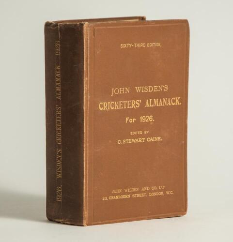 Wisden Cricketers&rsquo; Almanack 1926. 63rd edition. Original hardback. some dulling to the gilt titles on the spine paper, vertical crease and some wear to spine paper, slight breaking to front internal hinge otherwise in good condition