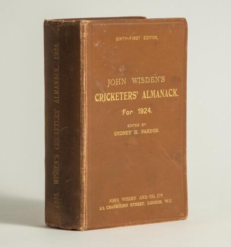Wisden Cricketers&rsquo; Almanack 1924. 61st edition. Original hardback. Some wear to boards and board extremities, minor marks to boards, some dulling to the gilt titles on the spine paper otherwise in good condition