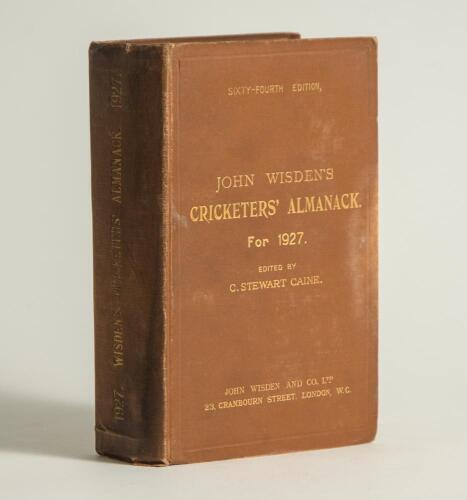 Wisden Cricketers&rsquo; Almanack 1927. 64th edition. Original hardback. Some wear to boards, dulling to the gilt titles on the spine paper, wear to the spine paper otherwise in good condition