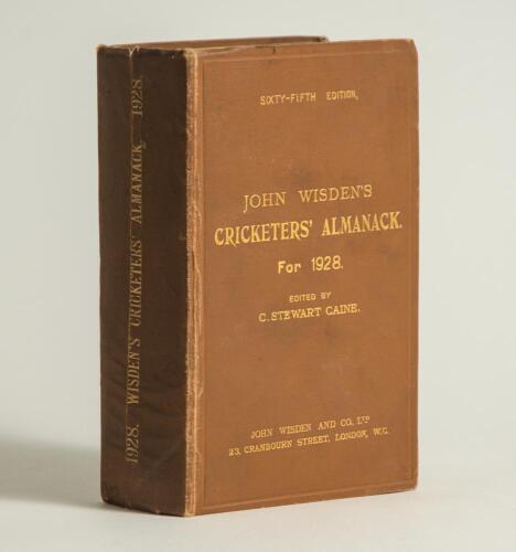 Wisden Cricketers&rsquo; Almanack 1928. 65th edition. Original hardback. Some wear to boards and board extremities, vertical crease to spine paper, minor ink marks to rear board, some wear to internal hinges otherwise in good condition