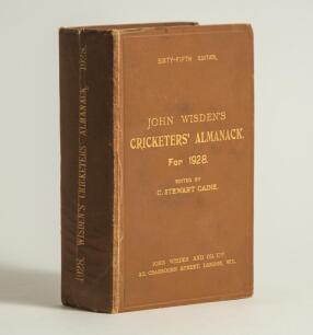 Wisden Cricketers&rsquo; Almanack 1928. 65th edition. Original hardback. Some wear to boards and board extremities, vertical crease to spine paper, minor ink marks to rear board, some wear to internal hinges otherwise in good condition