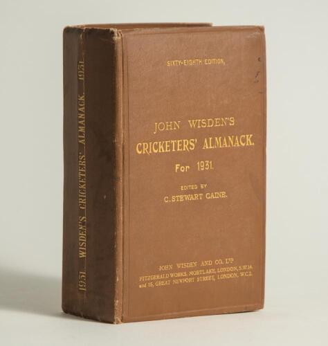 Wisden Cricketers&rsquo; Almanack 1931. 68th edition. Original hardback. Some minor wear and odd minor mark to boards, some light wear and minor vertical crease to spine paper, some breaking to internal hinges otherwise in good+ condition