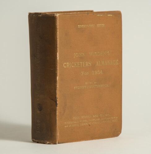Wisden Cricketers&rsquo; Almanack 1934. 71st edition. Original hardback. Dulling to the gilt titles on the front board and the spine paper, some wear and minor stain to the boards and spine paper otherwise in good+ condition
