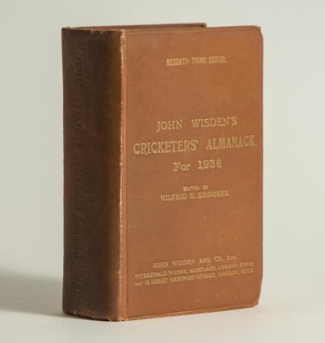 Wisden Cricketers&rsquo; Almanack 1936. 73rd edition. Original hardback. Dulling to the gilt titles on the front board and the spine paper, some blemished to the boards and spine paper otherwise in good/very good condition
