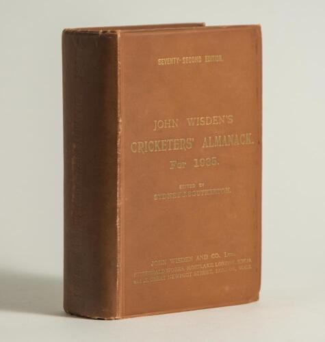 Wisden Cricketers&rsquo; Almanack 1935. 72nd edition. Original hardback. Dulling to the gilt titles on the front board and the spine paper, small ink library stamp for the &lsquo;Blackfriars School, Stamford&rsquo; to inside front board otherwise in good/very good conditio