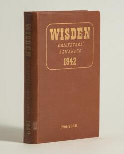Wisden Cricketers&rsquo; Almanack 1942. 79th edition. Original hardback. Only 900 hardback copies were printed in this war year. Some dulling to the gilt titles on the spine otherwise in very good condition. A rare wartime edition