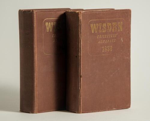 Wisden Cricketers&rsquo; Almanack 1939 and 1940. 76th & 77th editions. Original hardback editions. Dulling to the gilt titles on the front board and spine paper of both editions. The 1939 edition with some breaking to the front internal hinges, slightly cocked 