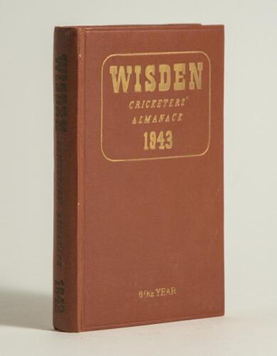 Wisden Cricketers&rsquo; Almanack 1943. 80th edition. Original hardback. Only 1400 hardback copies were printed in this war year. Some dulling to the gilt titles on the spine, odd very minor faults otherwise in very good condition. A rare wartime edition