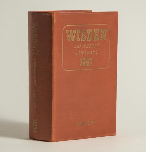 Wisden Cricketers&rsquo; Almanack 1947. Original hardback. Slight dulling to gilt titles on the front board, usual browning to war time paper otherwise in good/very good condition