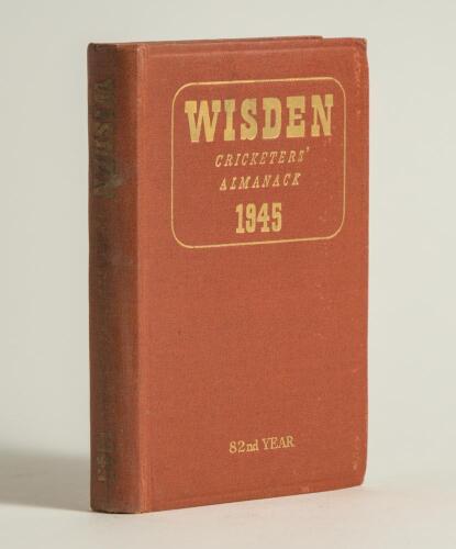 Wisden Cricketers&rsquo; Almanack 1945. 82nd edition. Original hardback. Only 1500 hardback copies were printed in this war year. Some dulling to the gilt titles on the spine, very minor marks to rear boards but sadly there signs of damp staining to internal pa