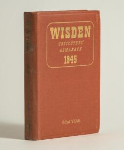 Wisden Cricketers&rsquo; Almanack 1945. 82nd edition. Original hardback. Only 1500 hardback copies were printed in this war year. Some dulling to the gilt titles on the spine, very minor marks to rear boards but sadly there signs of damp staining to internal pa