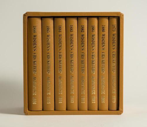 Wisden Cricketers&rsquo; Almanack 1879-1886. Boxed set of Wisdenauction.com reprint editions. Eight facsimile editions published in 2021. Limited edition 92/150. Brown hard board covers with gilt lettering to covers and spine. In original brown presentation bo