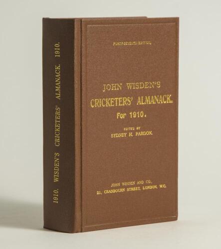 Wisden Cricketers&rsquo; Almanack 1910. Willows hardback reprint (2001) in dark brown boards with gilt lettering. Limited edition 380/500. Very good condition