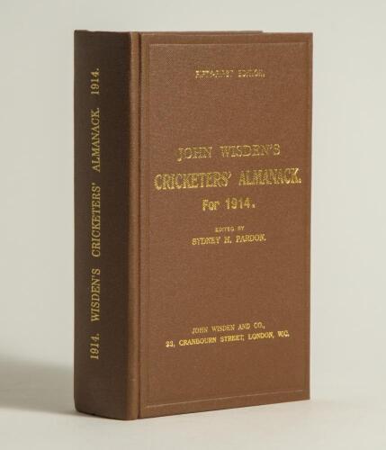 Wisden Cricketers&rsquo; Almanack 1914. Willows hardback reprint (2002) in dark brown boards with gilt lettering. Limited edition 330/500. Very good condition
