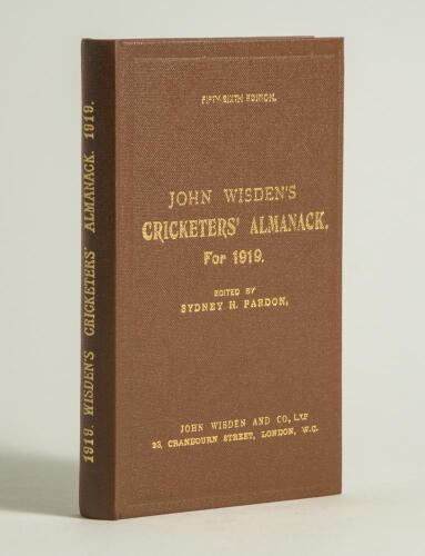 Wisden Cricketers&rsquo; Almanack 1919. Willows hardback reprint (1997) in dark brown boards with gilt lettering. Limited edition 351/500. Very good condition