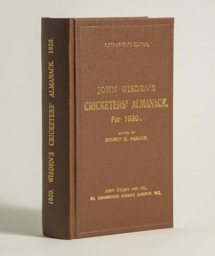 Wisden Cricketers&rsquo; Almanack 1920. Willows hardback reprint (2003) in dark brown boards with gilt lettering. Limited edition 372/500. Very good condition