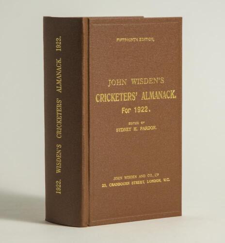 Wisden Cricketers&rsquo; Almanack 1922. Willows hardback reprint (2006) in dark brown boards with gilt lettering. Limited edition 65/500. Very good condition