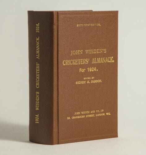 Wisden Cricketers&rsquo; Almanack 1924. Willows hardback reprint (2006) in dark brown boards with gilt lettering. Limited edition 65/500. Very good condition