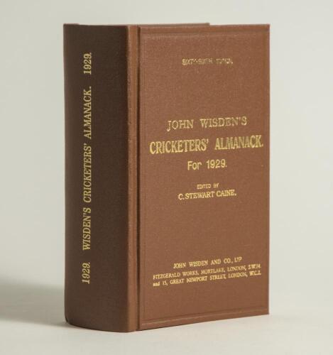 Wisden Cricketers&rsquo; Almanack 1929. Willows hardback reprint (2008) in dark brown boards with gilt lettering. Limited edition 343/500. Very good condition