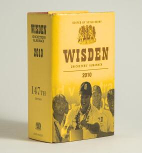 Wisden Cricketers&rsquo; Almanack 2010. Original hardback edition with dustwrapper. Signed in ink by all five &lsquo;Cricketers of the Year&rsquo; to their photograph plate, Stuart Broad, Michael Clarke, Graham Onions, Graeme Swann and Matt Prior. Also signed to another of