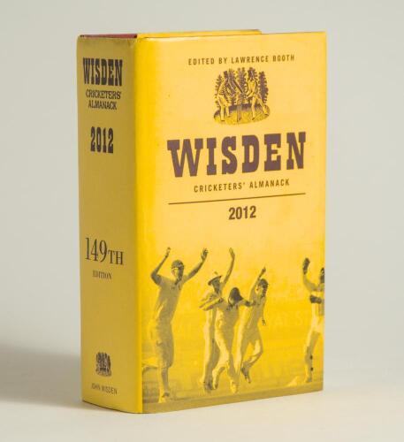 Wisden Cricketers&rsquo; Almanack 2012. Original hardback edition with dustwrapper. Signed in ink by all of the five &lsquo;Cricketers of the Year&rsquo; to their photograph plate, Kumar Sangakkara, Tim Bresnan, Glen Chapple, Alistair Cook and Alan Richardson. Also signed