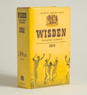 Wisden Cricketers&rsquo; Almanack 2012. Original hardback edition with dustwrapper. Signed in ink by all of the five &lsquo;Cricketers of the Year&rsquo; to their photograph plate, Kumar Sangakkara, Tim Bresnan, Glen Chapple, Alistair Cook and Alan Richardson. Also signed