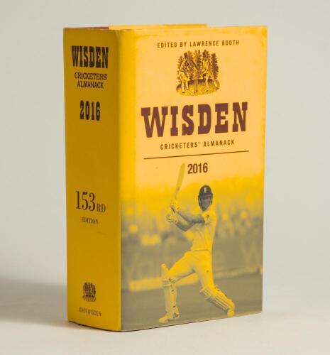 Wisden Cricketers&rsquo; Almanack 2016. Original hardback edition with dustwrapper. Signed in ink by all of the five &lsquo;Cricketers of the Year&rsquo; to their photograph plate, Kane Williamson, Jonny Bairstow, Brendon McCullum, Steve Smith and Ben Stokes. Also signed 