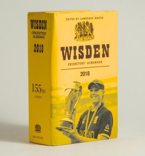 Wisden Cricketers&rsquo; Almanack 2018. Original hardback edition with dustwrapper. Signed in ink by all of the five &lsquo;Cricketers of the Year&rsquo; to their photograph plate, Anna Shrubsole, Shai Hope, Heather Knight, James Porter and Natalie Sciver. Also signed to 