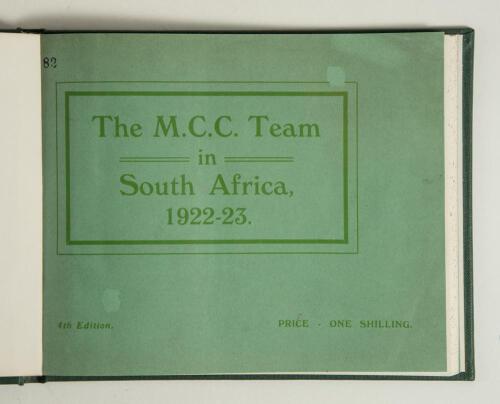M.C.C. tour of South Africa 1922/23. &lsquo;The M.C.C. Team in South Africa 1922-23 with Special Sketch of South Africa&rsquo;s International Cricket History by Capt. I.D. Difford&rsquo;. 4th Edition. Cape Times, Cape Town 1923. 76pp. Bound in green cloth, original green w